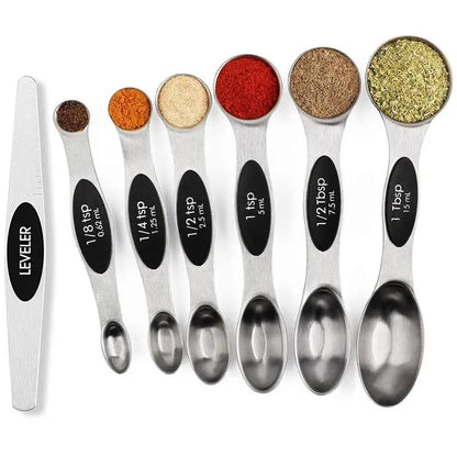 Stainless Steel Magnetic Spoons 7 Set with Leveler for Baking, Stackable Metallic Spice Kitchen Utensils and Gadgets Measure Cups Measuring