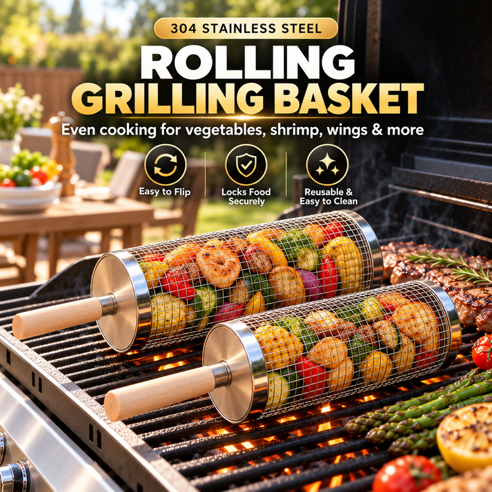 Rolling stainless steel grill baskets filled with vegetables on an outdoor barbecue