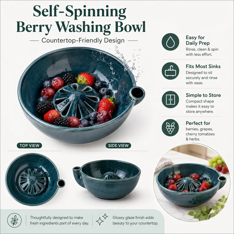 wowsome Self-Spinning Berry Washing Bowl,Glazed Ceramic Berry Bowl with Raised Center and Drainage Holes,Fruit Rinse Colander for 🍓Strawberries🫐Blueberries🍇Grapes🍒Cherry🍅Tomatoes and Small Produce
