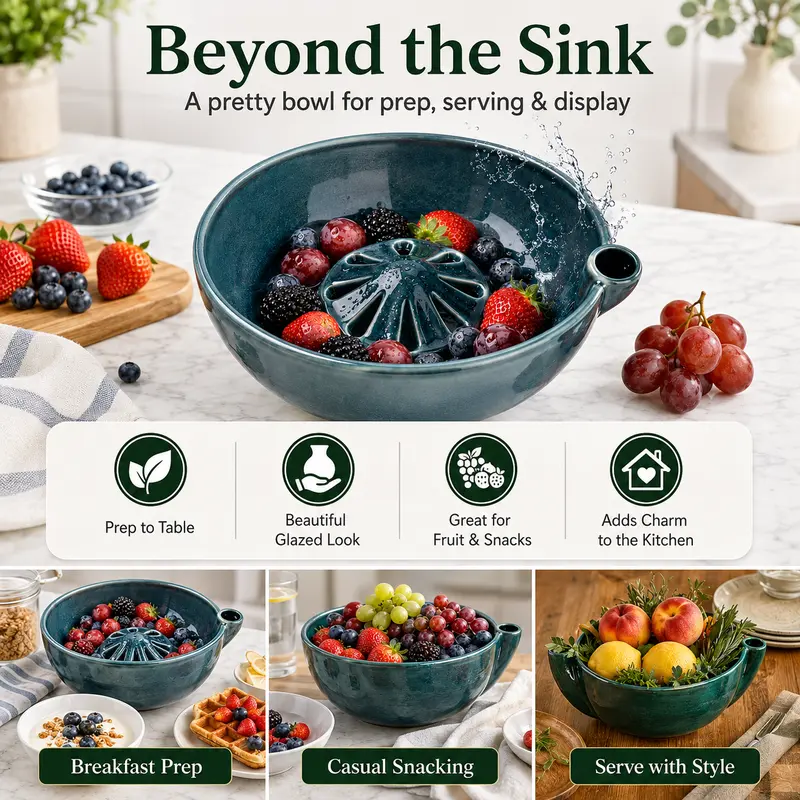 wowsome Self-Spinning Berry Washing Bowl,Glazed Ceramic Berry Bowl with Raised Center and Drainage Holes,Fruit Rinse Colander for 🍓Strawberries🫐Blueberries🍇Grapes🍒Cherry🍅Tomatoes and Small Produce