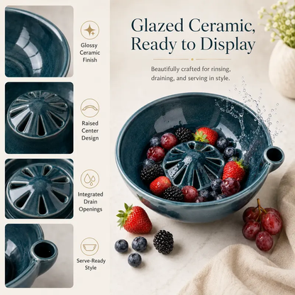wowsome Self-Spinning Berry Washing Bowl,Glazed Ceramic Berry Bowl with Raised Center and Drainage Holes,Fruit Rinse Colander for 🍓Strawberries🫐Blueberries🍇Grapes🍒Cherry🍅Tomatoes and Small Produce