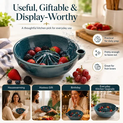wowsome Self-Spinning Berry Washing Bowl,Glazed Ceramic Berry Bowl with Raised Center and Drainage Holes,Fruit Rinse Colander for 🍓Strawberries🫐Blueberries🍇Grapes🍒Cherry🍅Tomatoes and Small Produce