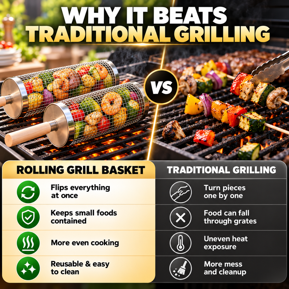 Rolling grilling basket compared with grilling small ingredients directly on grill grates