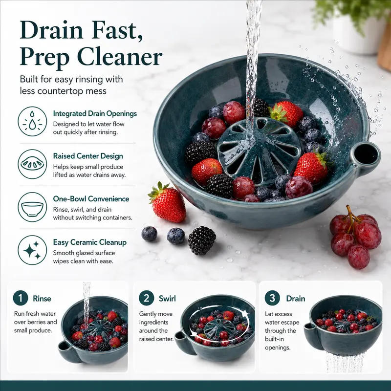 wowsome Self-Spinning Berry Washing Bowl,Glazed Ceramic Berry Bowl with Raised Center and Drainage Holes,Fruit Rinse Colander for 🍓Strawberries🫐Blueberries🍇Grapes🍒Cherry🍅Tomatoes and Small Produce