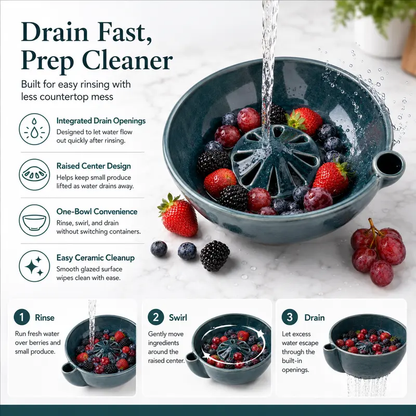 wowsome Self-Spinning Berry Washing Bowl,Glazed Ceramic Berry Bowl with Raised Center and Drainage Holes,Fruit Rinse Colander for 🍓Strawberries🫐Blueberries🍇Grapes🍒Cherry🍅Tomatoes and Small Produce