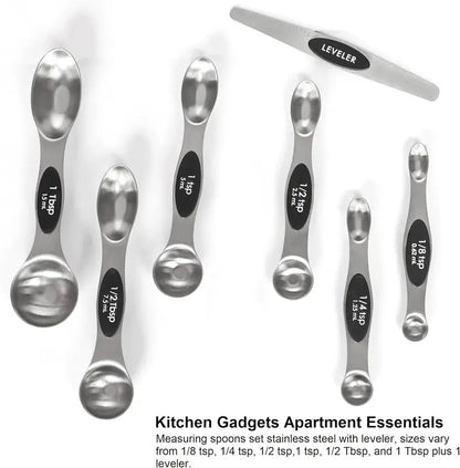 Stainless Steel Magnetic Spoons 7 Set with Leveler for Baking, Stackable Metallic Spice Kitchen Utensils and Gadgets Measure Cups Measuring
