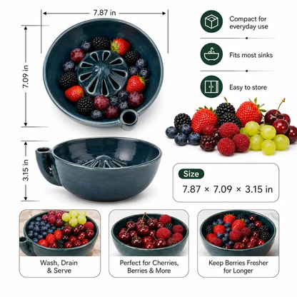 wowsome Self-Spinning Berry Washing Bowl,Glazed Ceramic Berry Bowl with Raised Center and Drainage Holes,Fruit Rinse Colander for 🍓Strawberries🫐Blueberries🍇Grapes🍒Cherry🍅Tomatoes and Small Produce