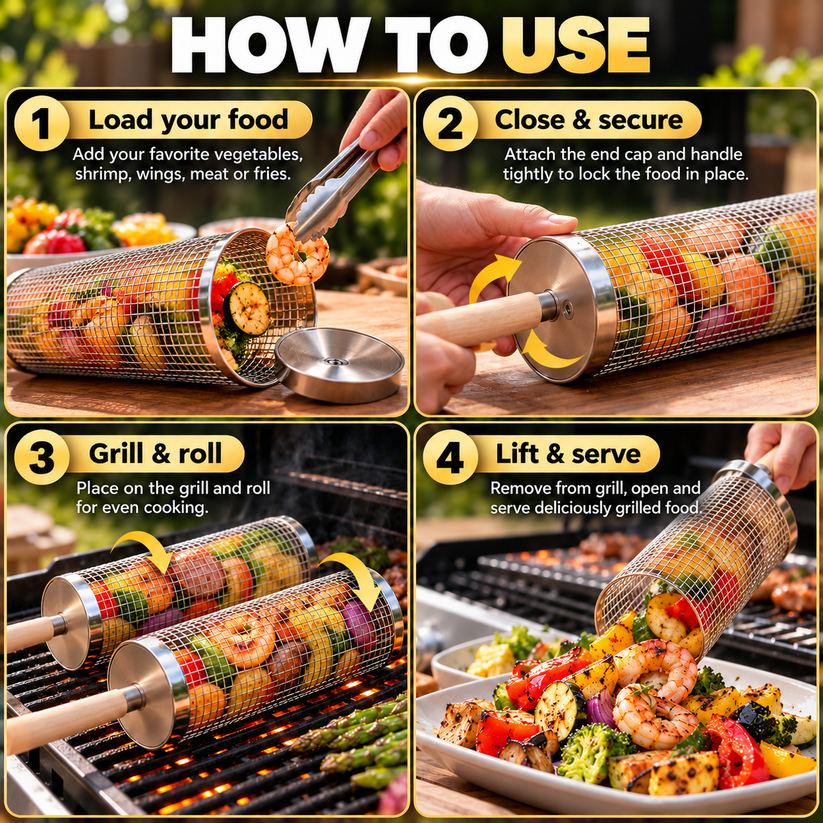Four steps for using a rolling grilling basket: load through the circular end, secure, grill and roll, then serve