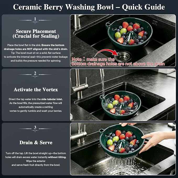 Ceramic Berry Washing Bowl with Auto-Spin Swirl Drainage 🔥