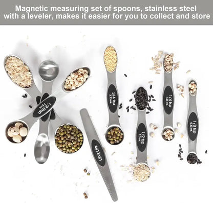 Stainless Steel Magnetic Spoons 7 Set with Leveler for Baking, Stackable Metallic Spice Kitchen Utensils and Gadgets Measure Cups Measuring