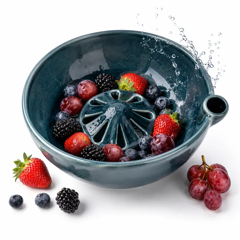wowsome Self-Spinning Berry Washing Bowl,Glazed Ceramic Berry Bowl with Raised Center and Drainage Holes,Fruit Rinse Colander for 🍓Strawberries🫐Blueberries🍇Grapes🍒Cherry🍅Tomatoes and Small Produce