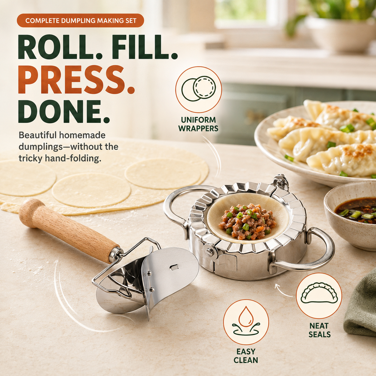🥟 Dumpling Maker & Dough Cutter Set – Roll, Fill & Seal Homemade Dumplings Easily